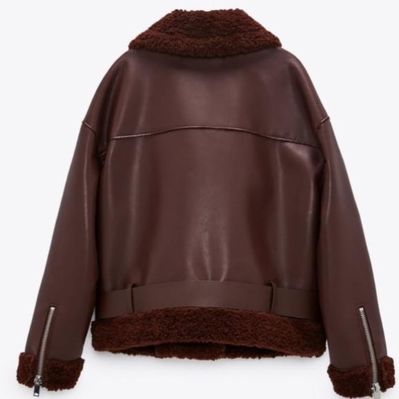 NWT. Zara Burgundy Faux Leather Double Faced Aviator Biker Jacket. Size XS. - Picture 6 of 12
